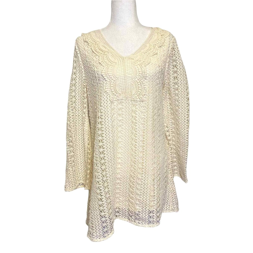 Entro Crochet Lace Dress Women Sz M Boho Cottagecore Festival Long Sleeve Cream